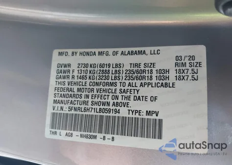 2020 Honda Odyssey Ex-L/Ex-L W/Navi Res из США, поврежденный, VIN 5FNRL6H71LB059194